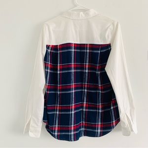 Clu Too Back Plaid Flannel Button Down Shirt White Long Sleeve Top/ Blouse